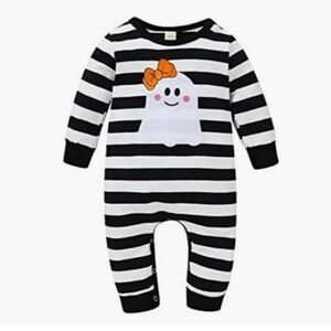 Younger Tree 6-12 Mo. Black & White Striped Ghost One-Piece with Orange Bow